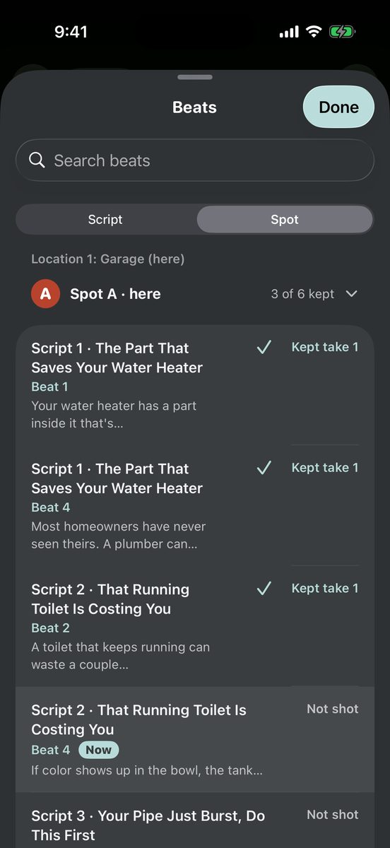 Supershoot beats list sorted by camera spot, with Spot A open, three kept takes checked and one beat marked Now