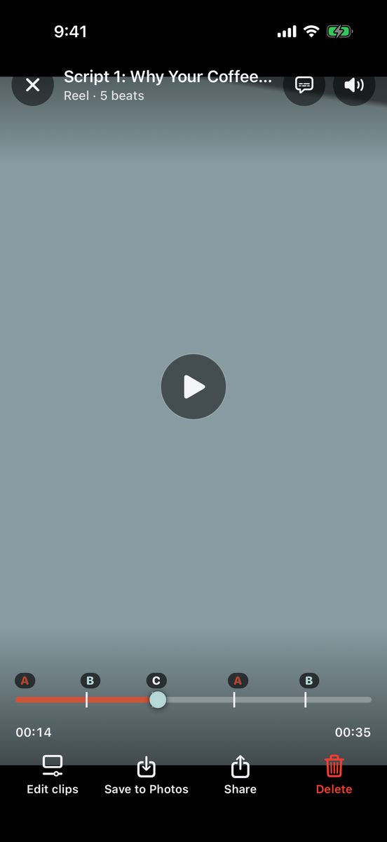 Supershoot review player on a reel, with a tick for each beat labelled by its spot letter, plus captions, mute, Edit clips, Save to Photos, Share and Delete