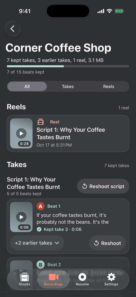 Supershoot page for one shoot with its assembled reel, then takes grouped by script, a Reshoot button on each beat and a count of earlier takes