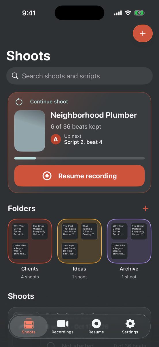 Supershoot Shoots tab with a Continue shoot card for a Neighborhood Plumber shoot at 6 of 36 beats kept, and three folder tiles below it