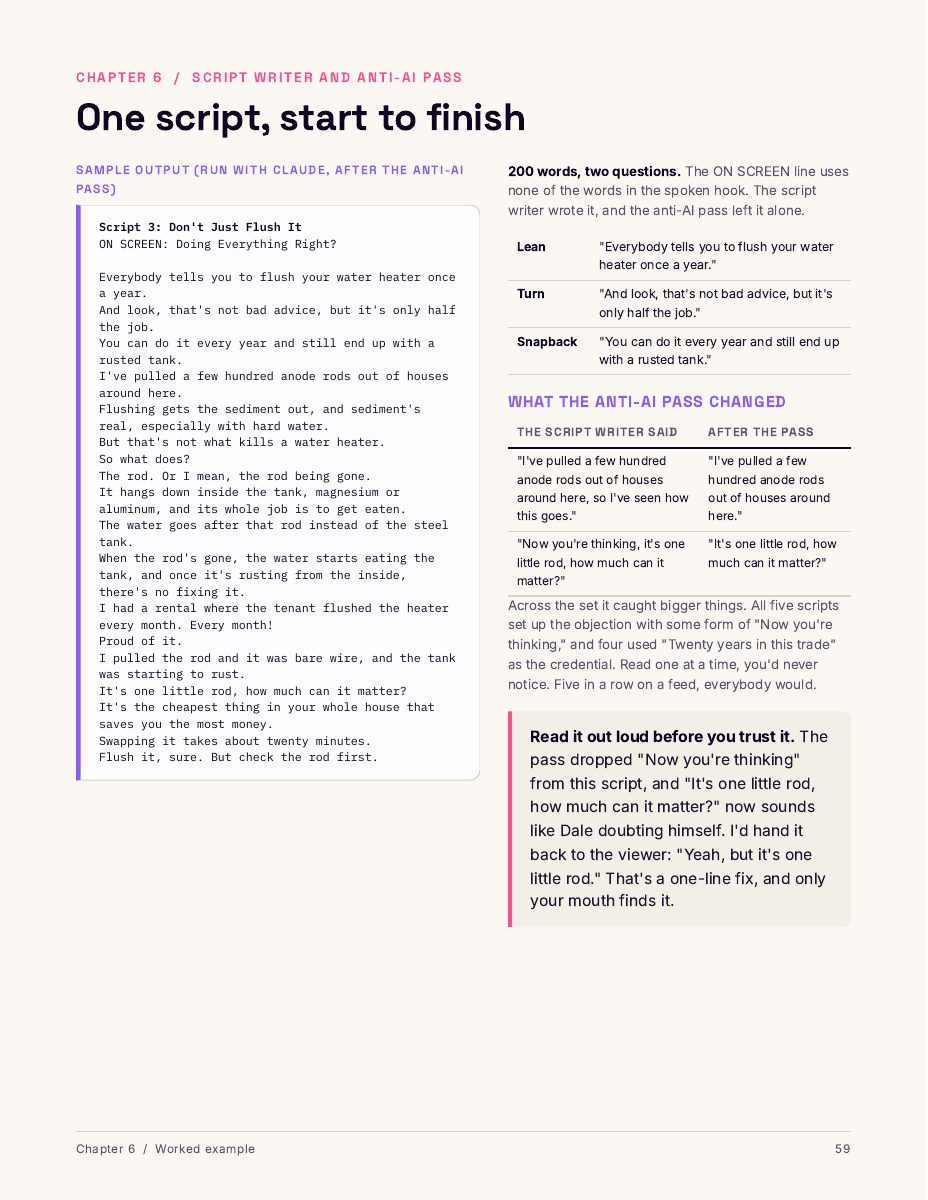 Page 59 of the guide: the plumber's finished script after the anti-AI pass, with the lean, turn and snapback marked and a table of what the pass changed.